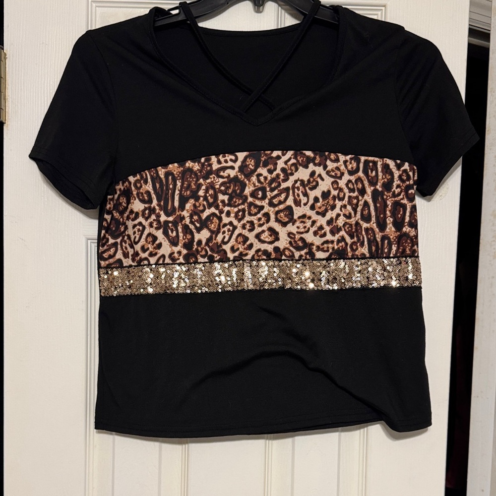 Chic Black Leopard Print Top with Gold Accents